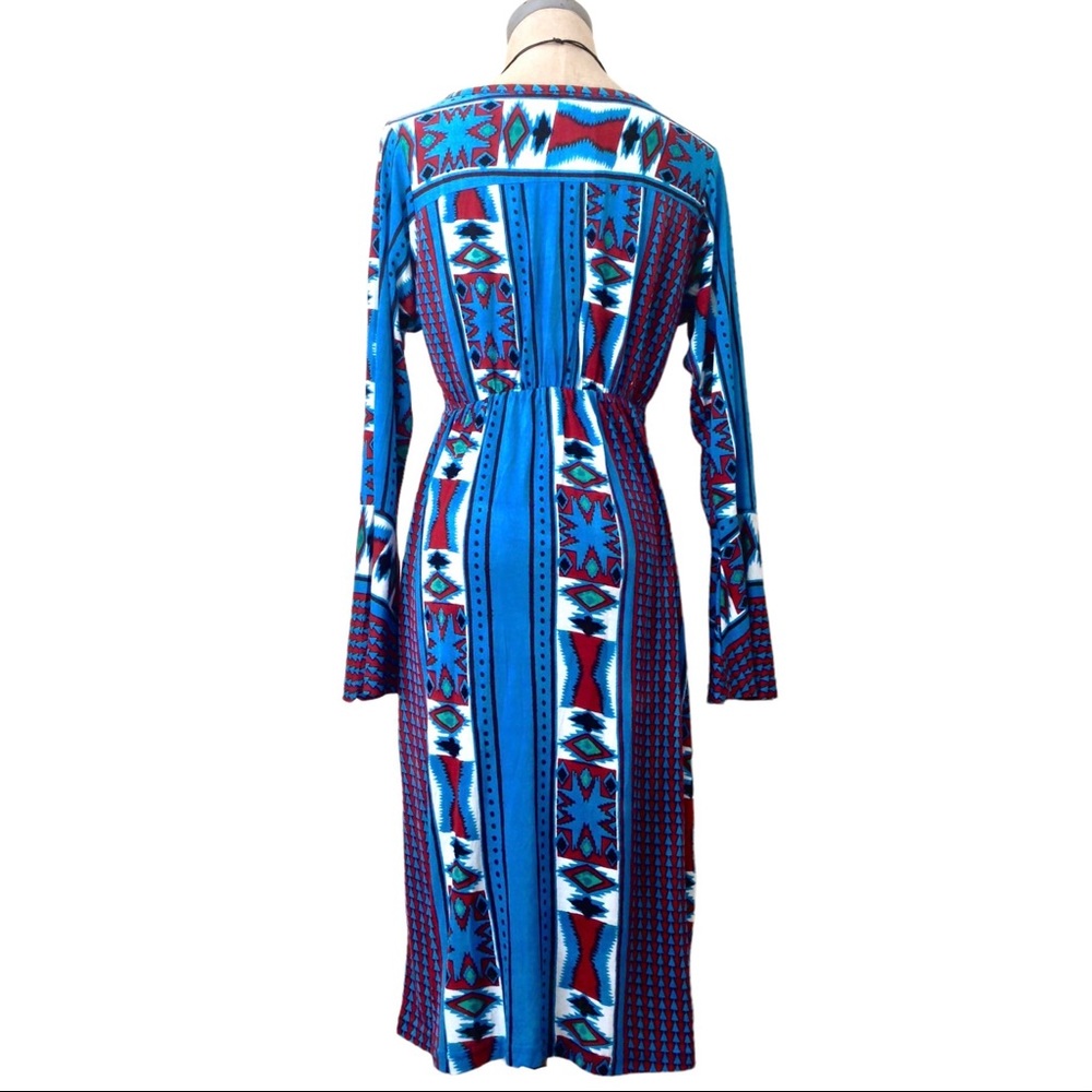 Aztec Print Dress Blue Red White Black Bell Sleeves Small S NWT - Picture 3 of 6